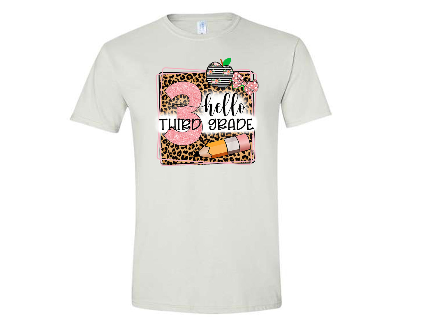 White Hello Pre-K to 5th Grade Pink and Leopard Print Shirt