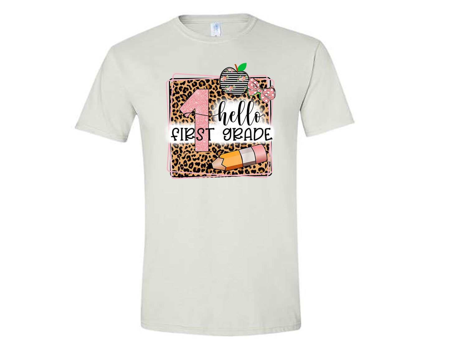 White Hello Pre-K to 5th Grade Pink and Leopard Print Shirt