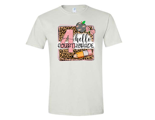 White Hello Pre-K to 5th Grade Pink and Leopard Print Shirt