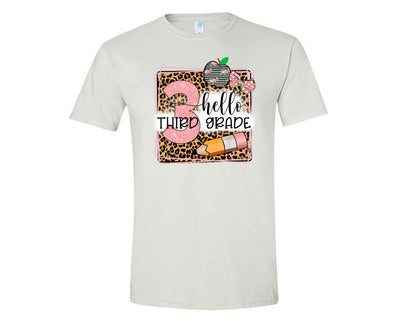 White Hello Pre-K to 5th Grade Pink and Leopard Print Shirt